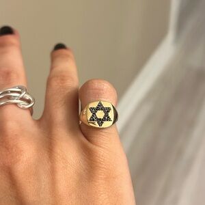 14k Yellow Gold Black Diamond Star of David Signet Pinky Ring SIZE 2